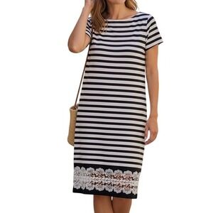 Talbots Striped Knit Dress XL Lace Hem Breton Preppy Classic Coastal Chic casual